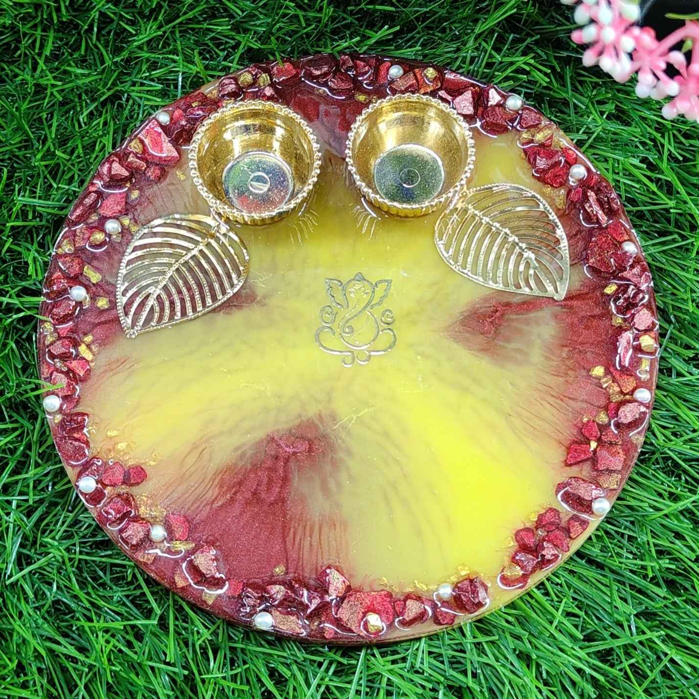 Sunset Red & Yellow Carnelian-Rim Resin Pooja Thali (6 Inch) ✨