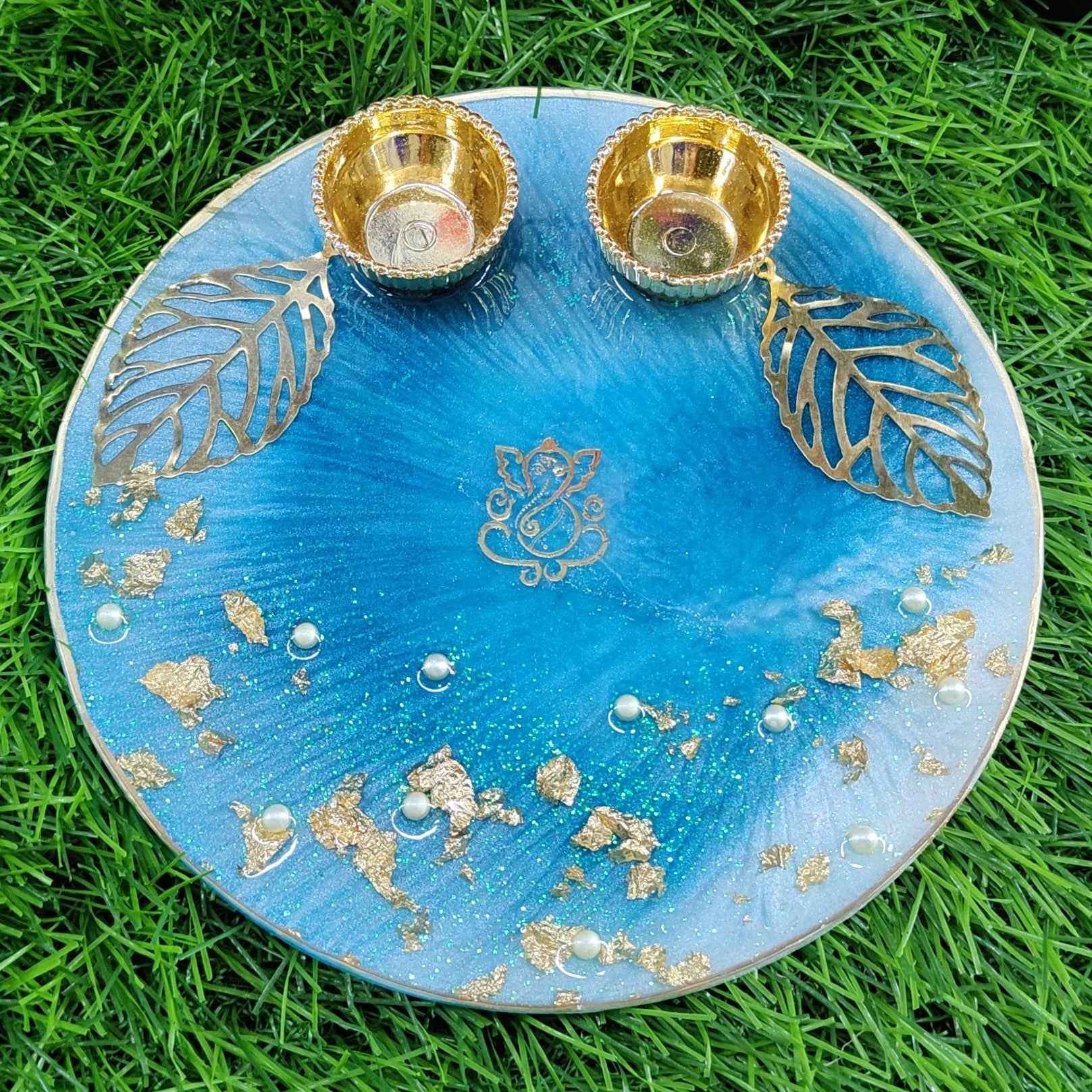Sky Blue Gold-Flake Ganesha Resin Pooja Thali (6 Inch) ✨