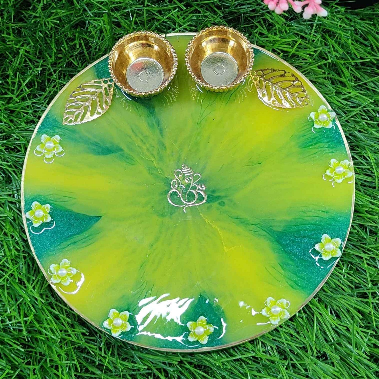 Spring Green Floral Ganesha Resin Pooja Thali (6 Inch) ✨