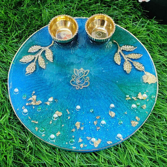 Teal Gold-Sprig Ganesha Resin Pooja Thali (6 Inch) ✨