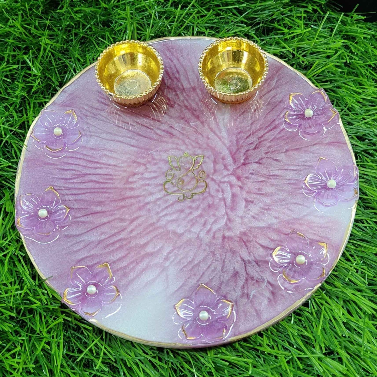 Mauve Blossom Ganesha Mantra Resin Pooja Thali (6 Inch) ✨