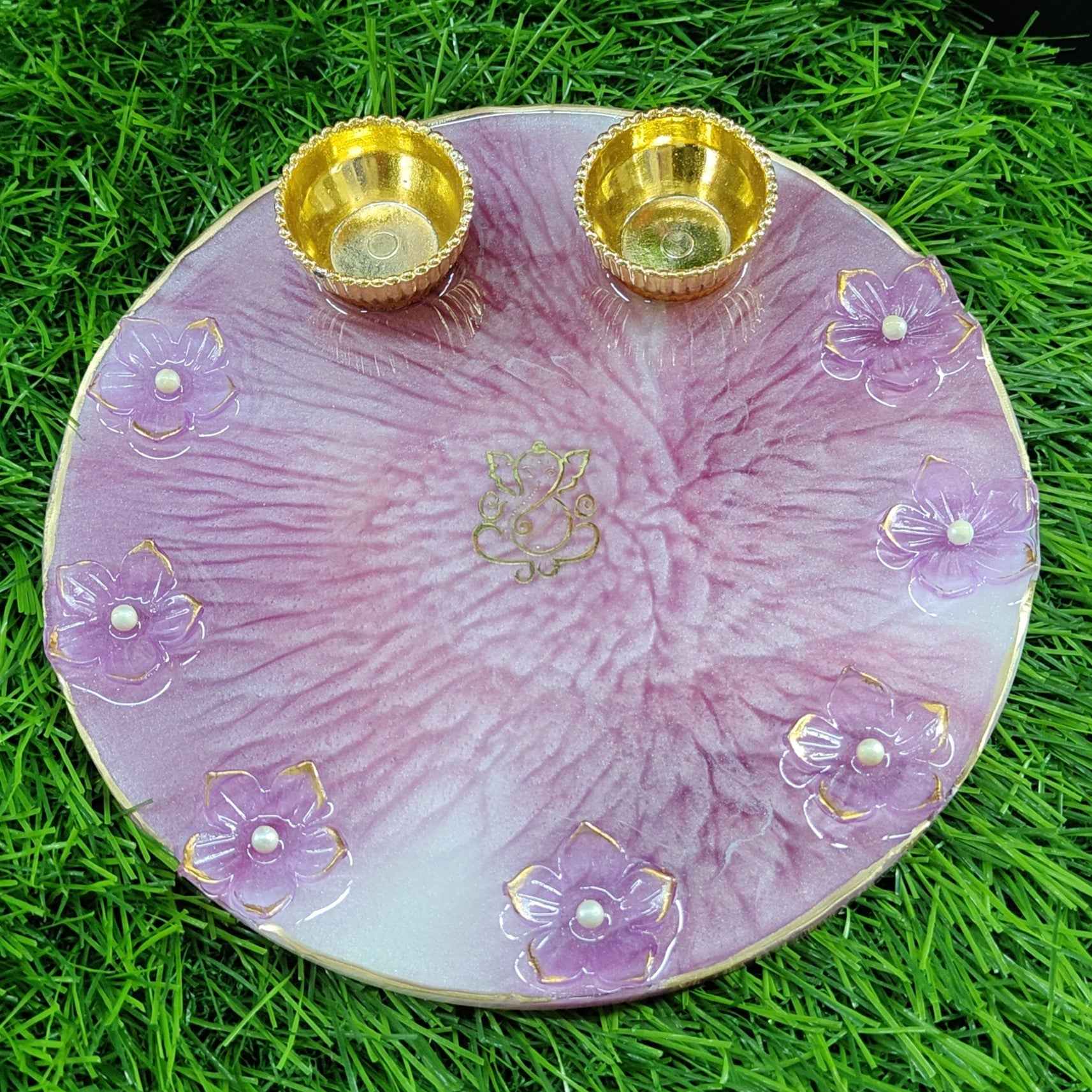 Mauve Blossom Ganesha Mantra Resin Pooja Thali (6 Inch) ✨