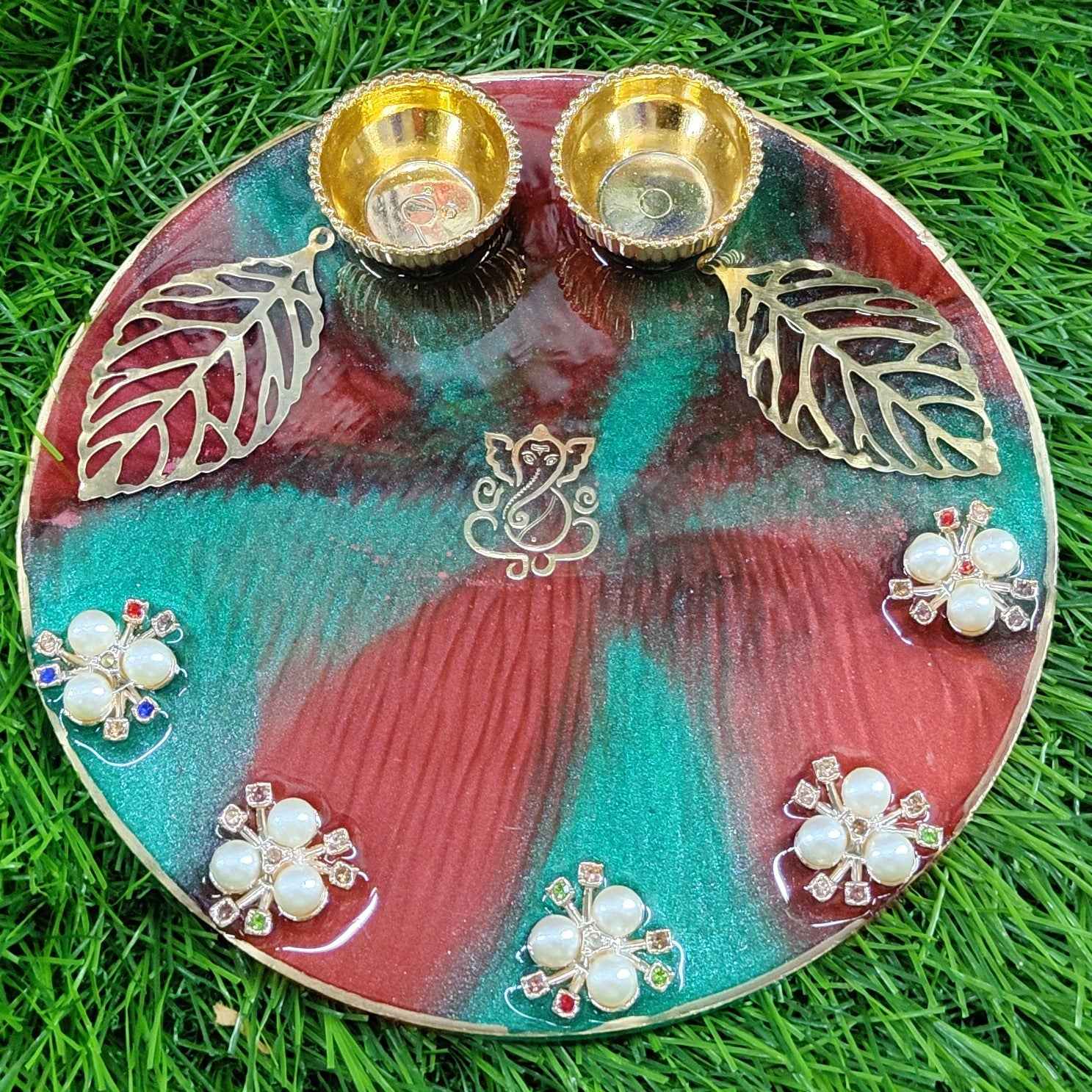 Teal & Crimson Kundan Ganesha Resin Pooja Thali (6 Inch) ✨