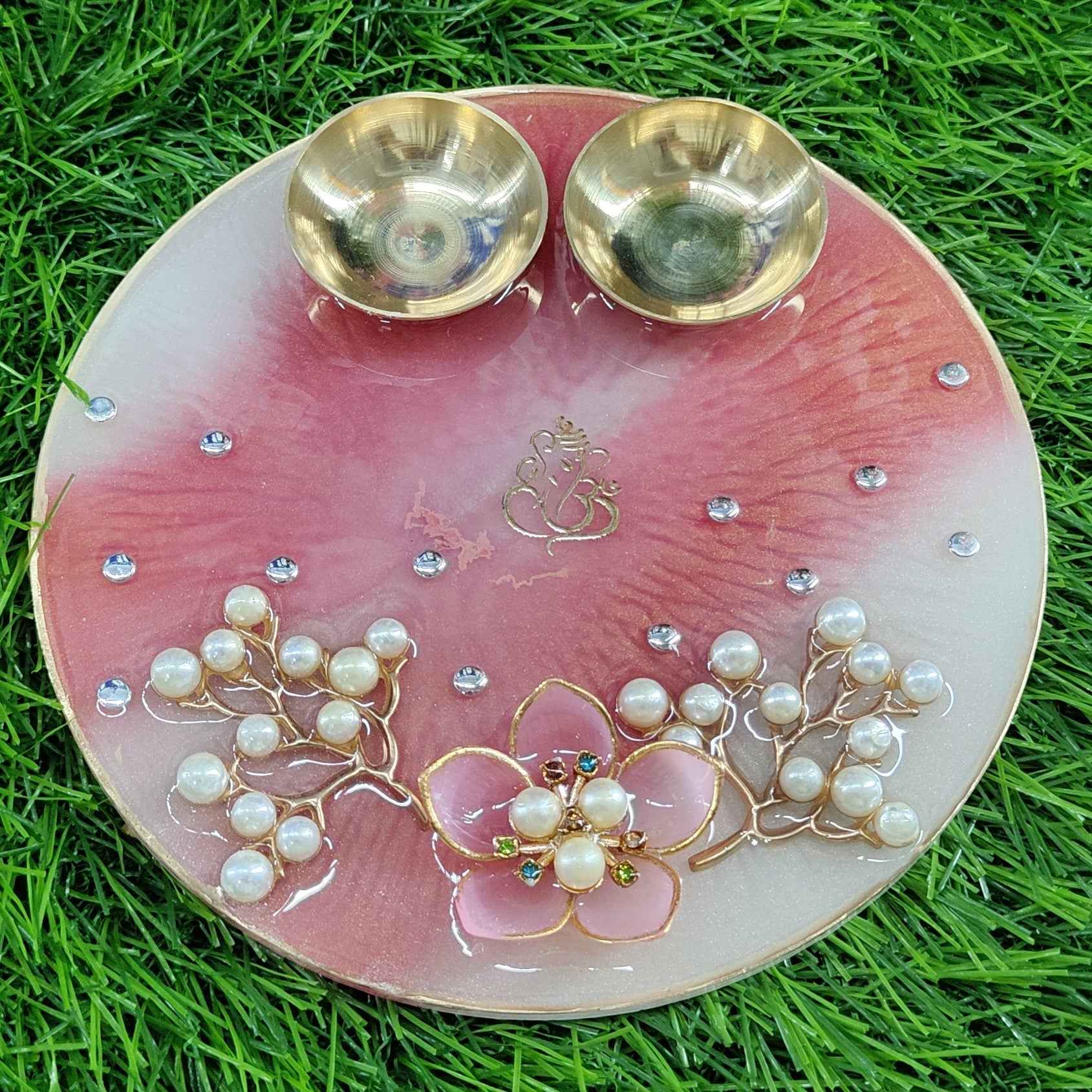 Peach Pearl Blossom Resin Pooja Thali (6 Inch) ✨