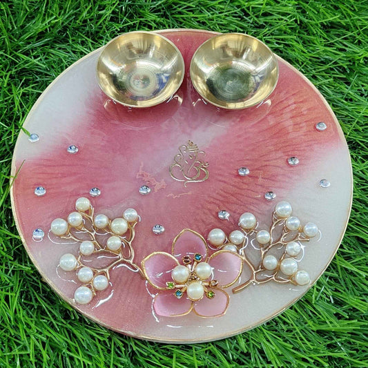 Peach Pearl Blossom Resin Pooja Thali (6 Inch) ✨