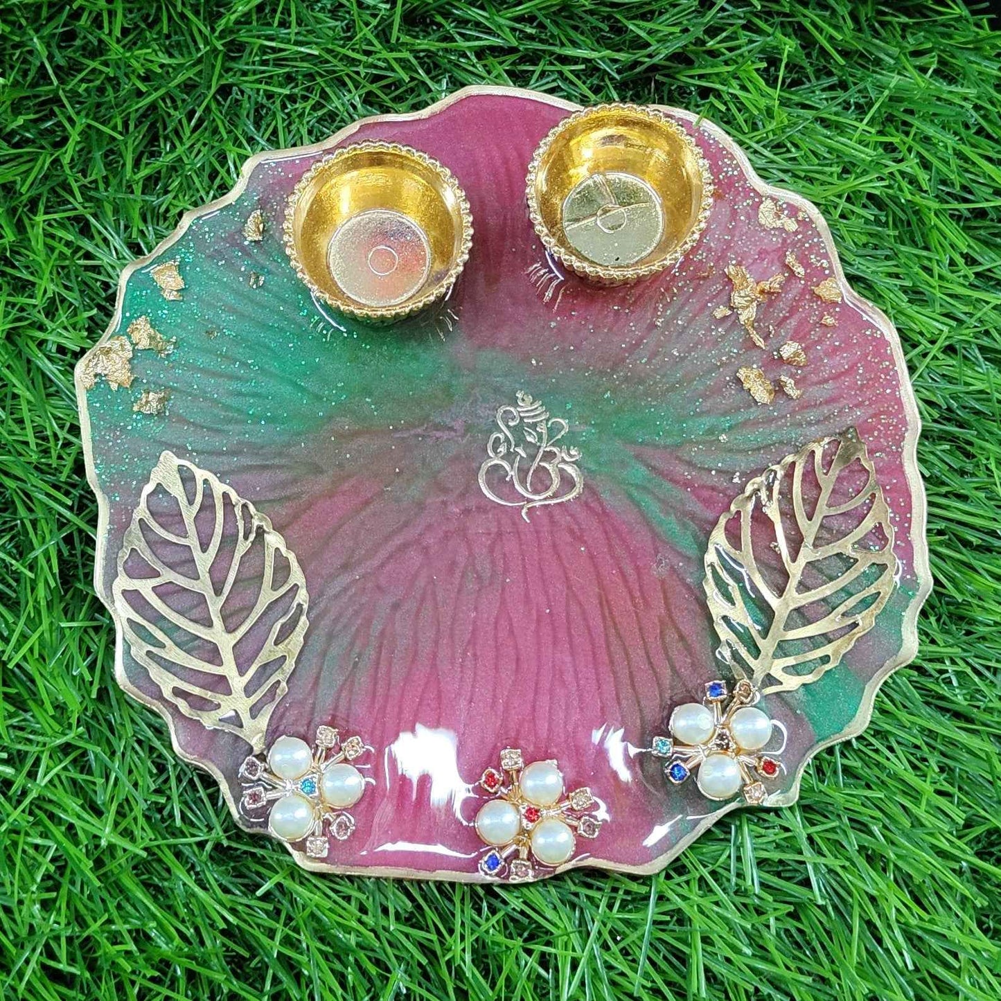 Mehndi Green & Maroon Pearl Resin Pooja Thali (6 Inch) ✨