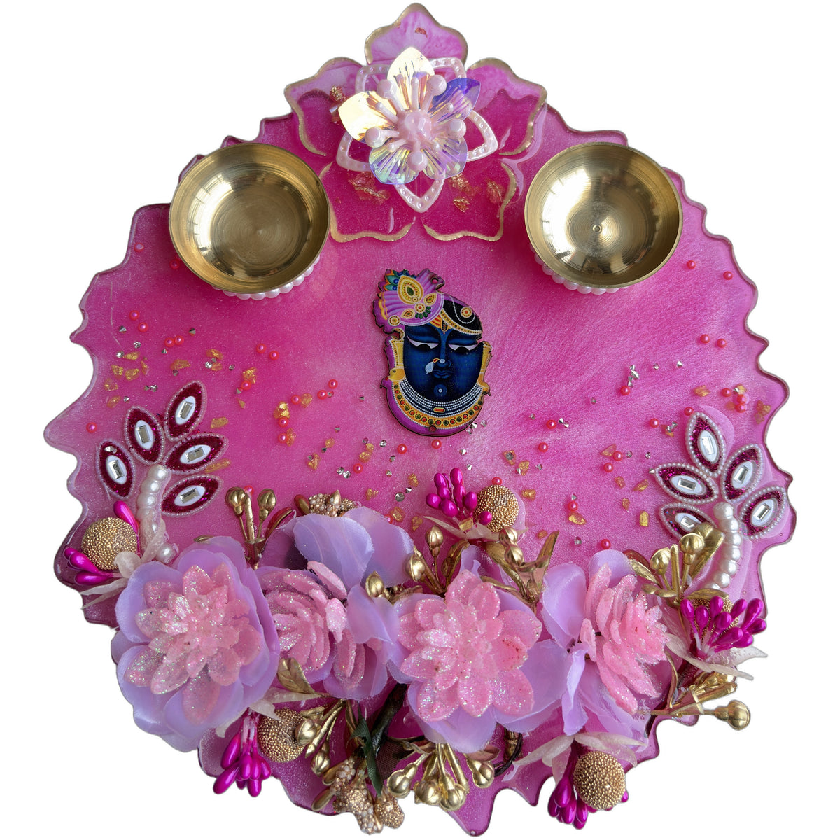 Pink Shrinathji 3D Floral Resin Pooja Thali (8 Inch)
