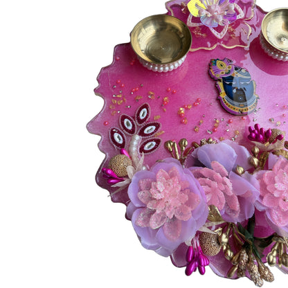 Pink Shrinathji 3D Floral Resin Pooja Thali (8 Inch)