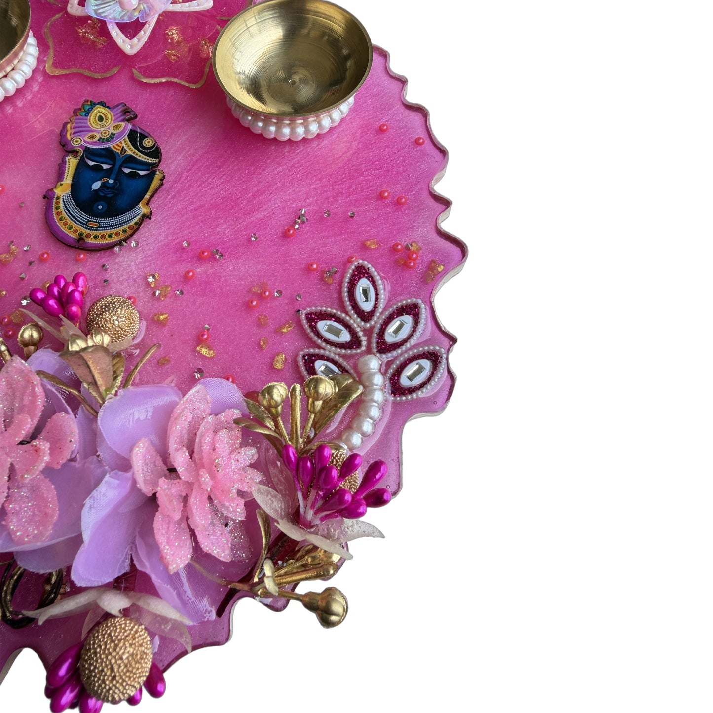 Pink Shrinathji 3D Floral Resin Pooja Thali (8 Inch)