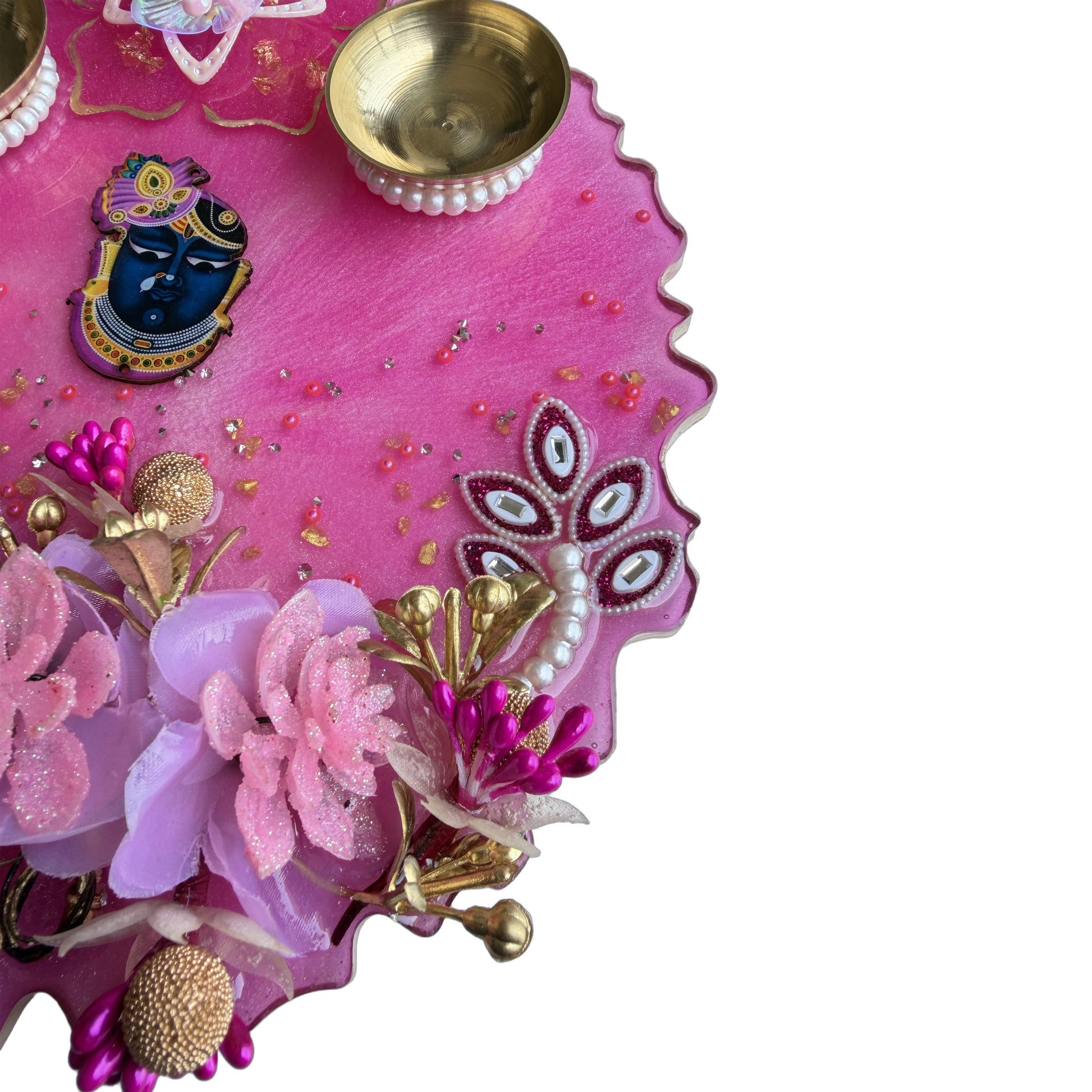 Pink Shrinathji 3D Floral Resin Pooja Thali (8 Inch)