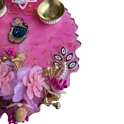 Pink Shrinathji 3D Floral Resin Pooja Thali (8 Inch)