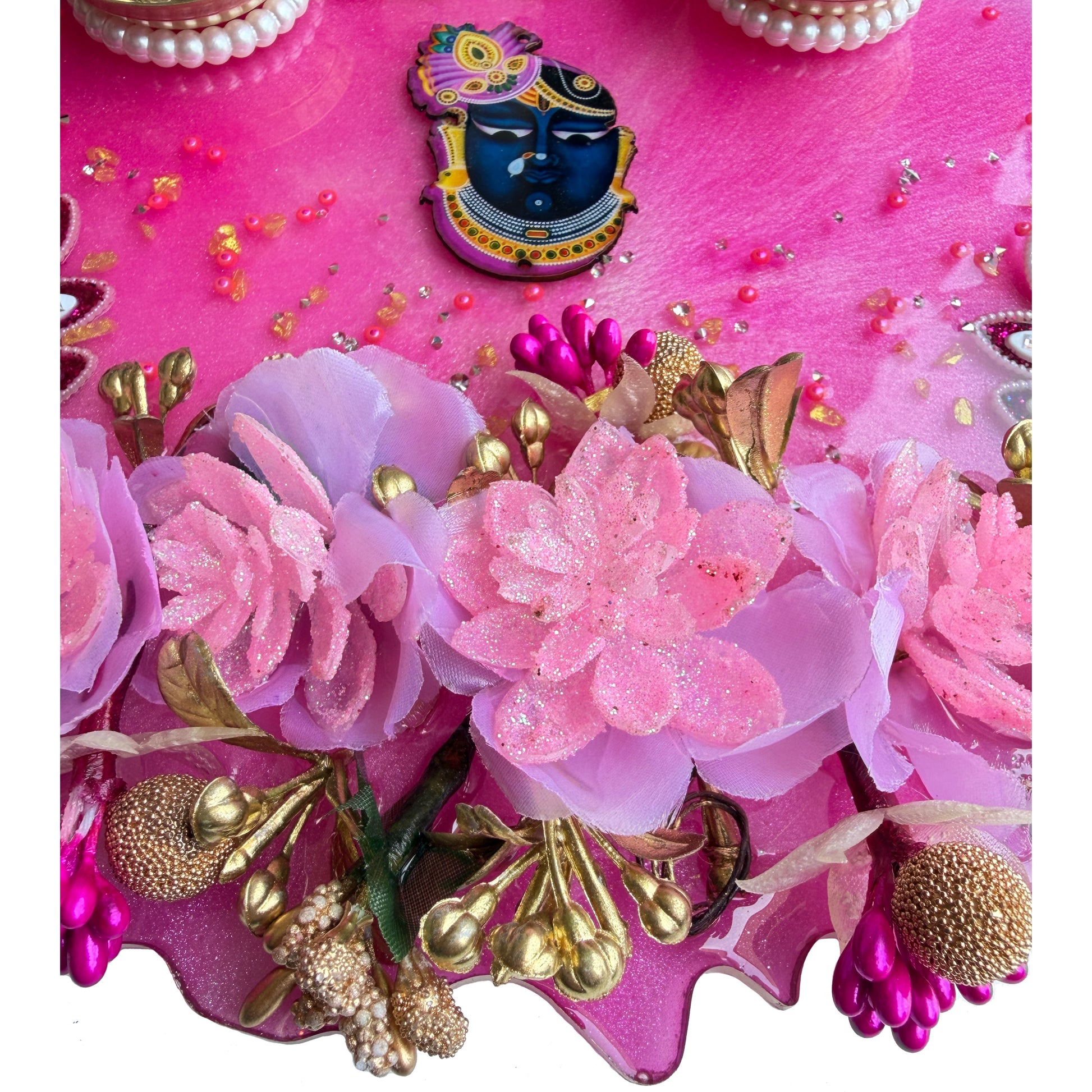 Pink Shrinathji 3D Floral Resin Pooja Thali (8 Inch)