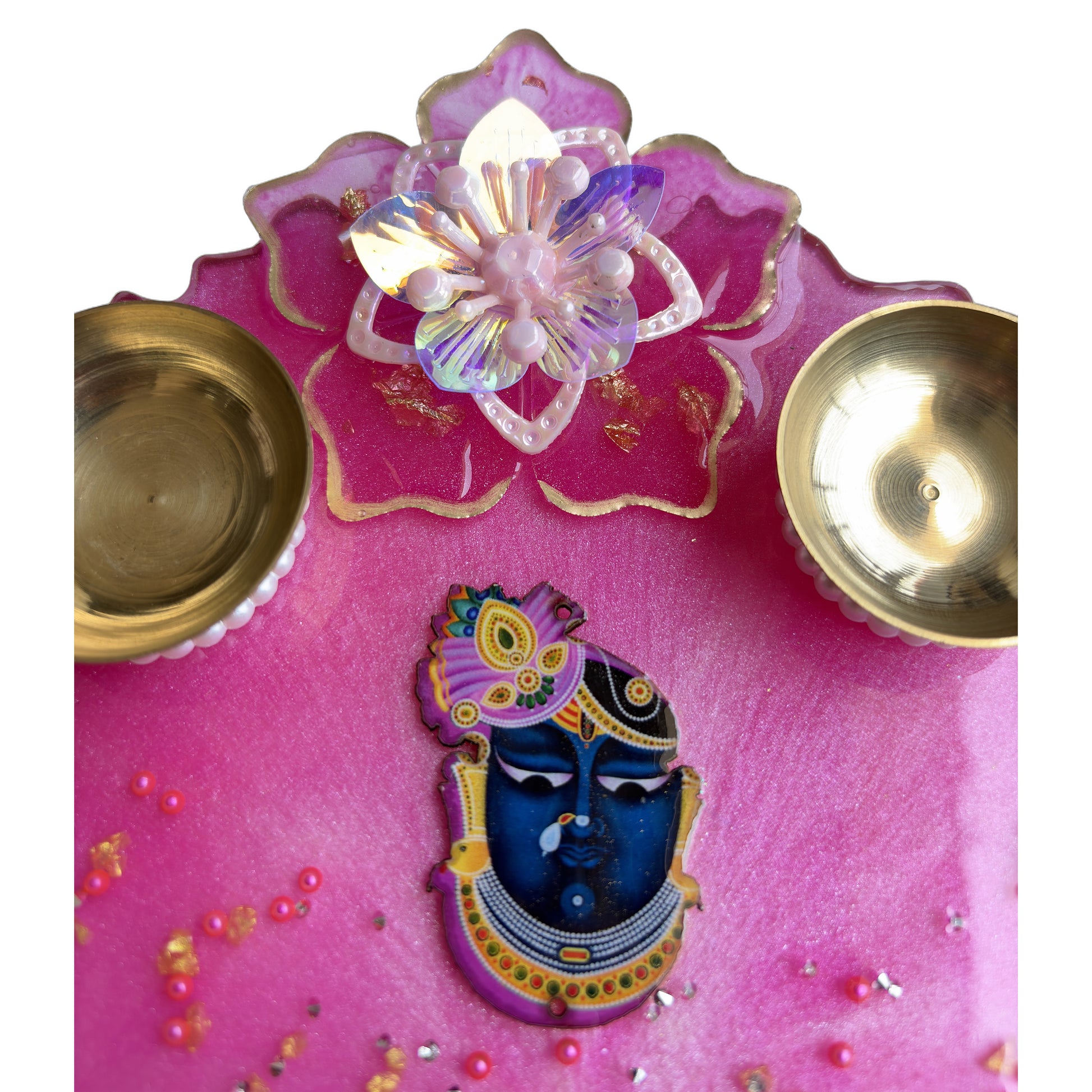 Pink Shrinathji 3D Floral Resin Pooja Thali (8 Inch)