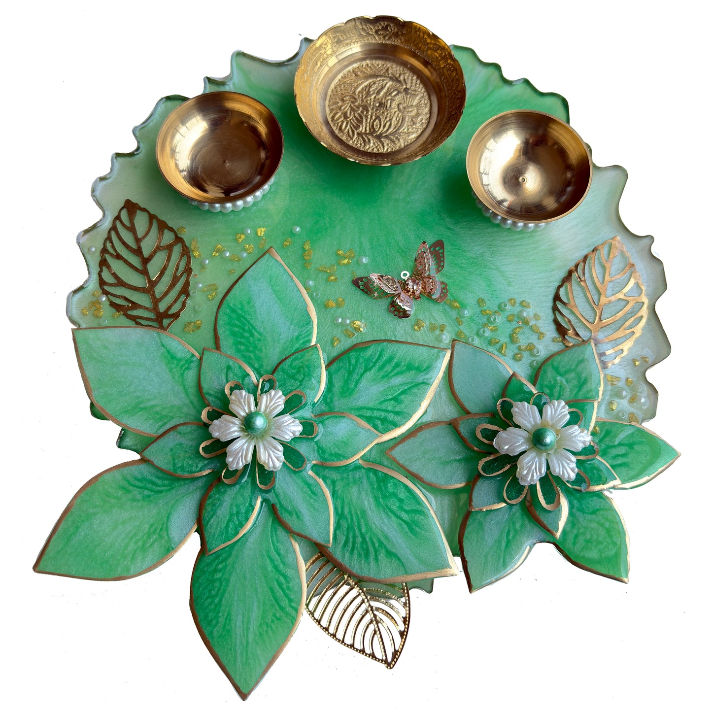 Mint Green 3D Lotus Resin Pooja Thali (8 Inch)