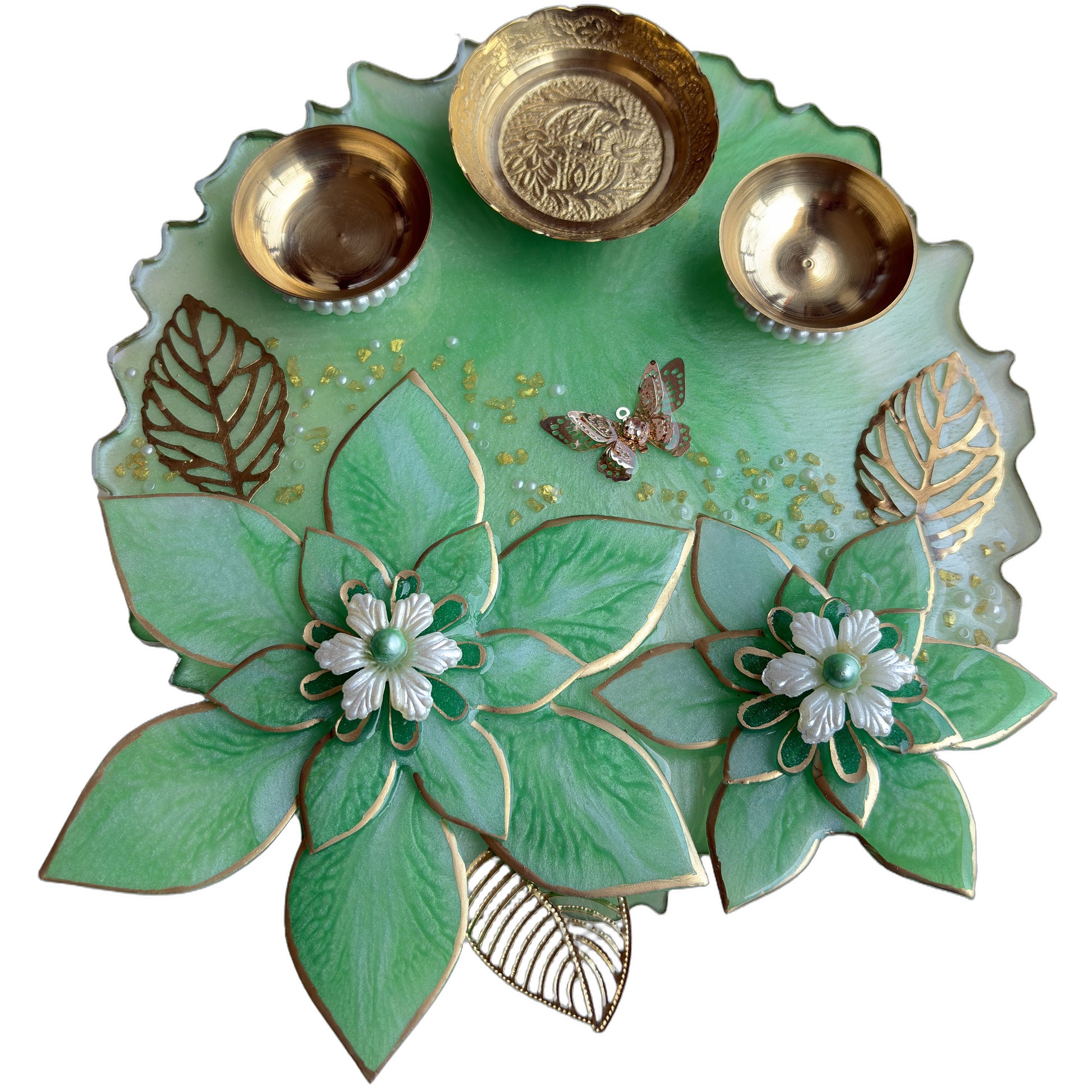 Mint Green 3D Lotus Resin Pooja Thali (8 Inch)