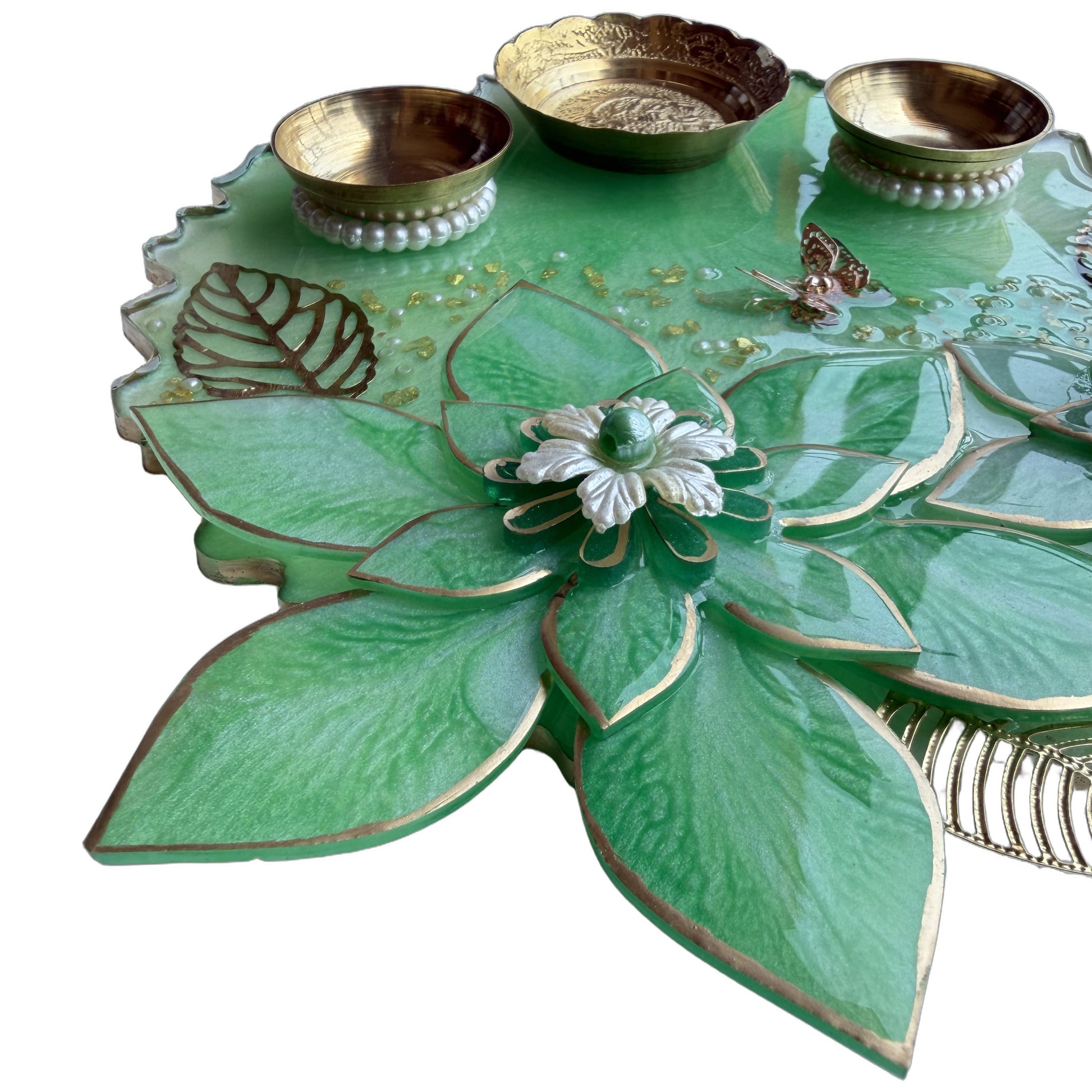 Mint Green 3D Lotus Resin Pooja Thali (8 Inch)