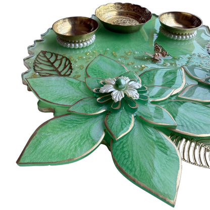 Mint Green 3D Lotus Resin Pooja Thali (8 Inch)