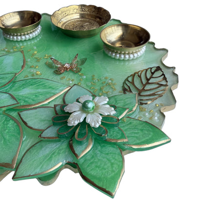 Mint Green 3D Lotus Resin Pooja Thali (8 Inch)