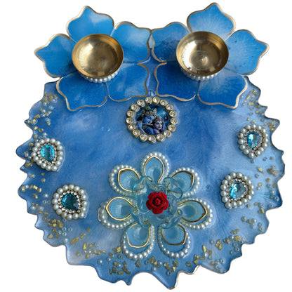 Blue Radha Krishna 3D Floral Resin Pooja Thali (8 Inch)