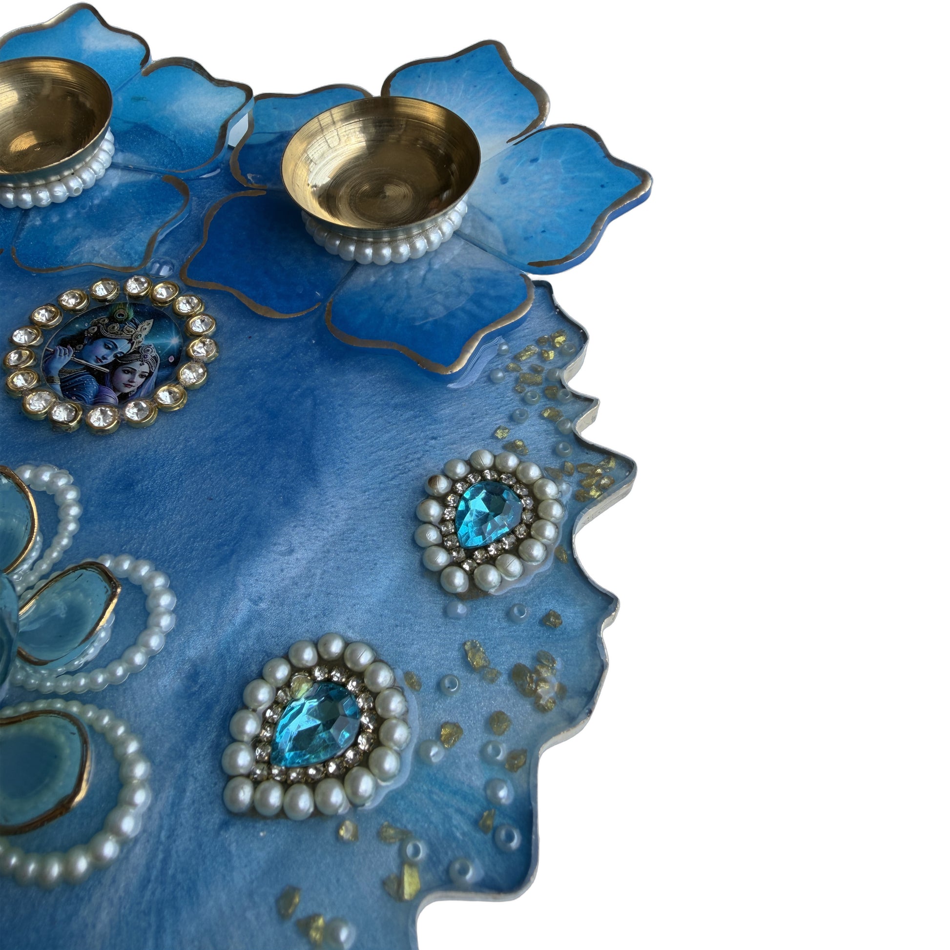 Blue Radha Krishna 3D Floral Resin Pooja Thali (8 Inch)