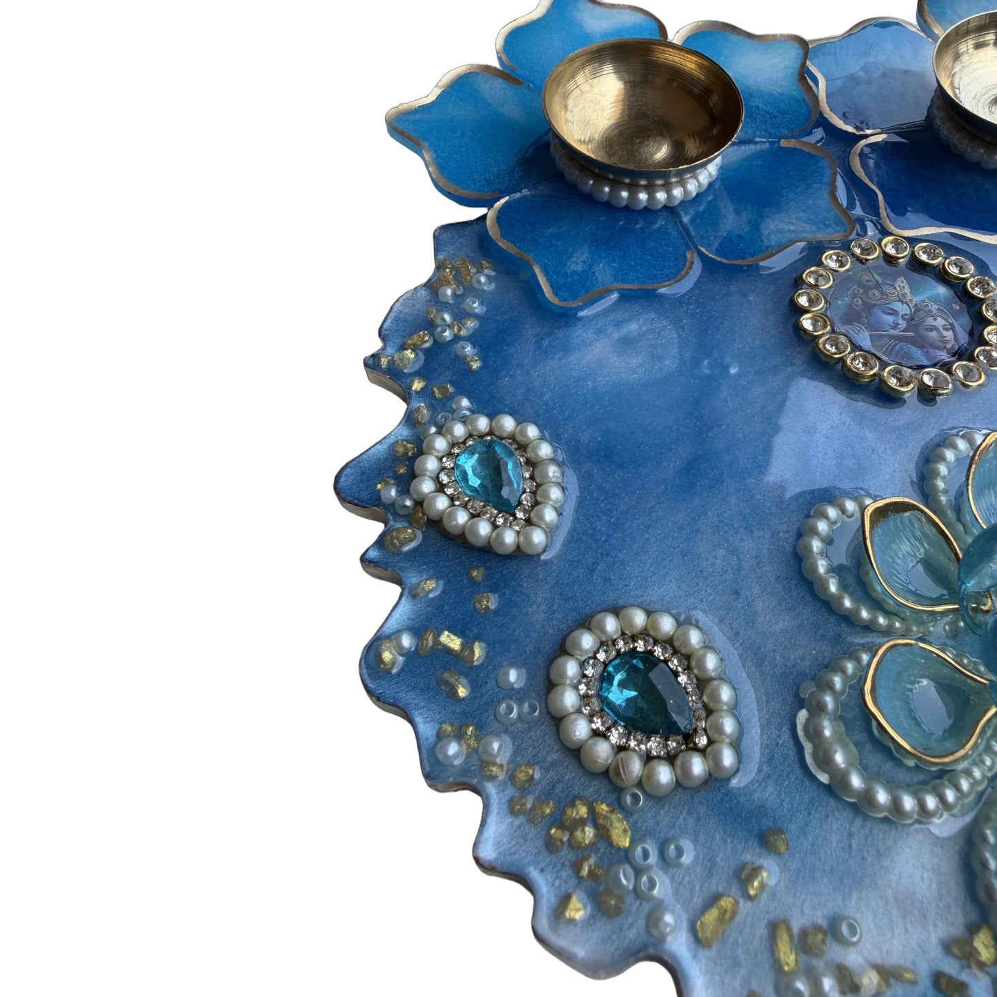 Blue Radha Krishna 3D Floral Resin Pooja Thali (8 Inch)