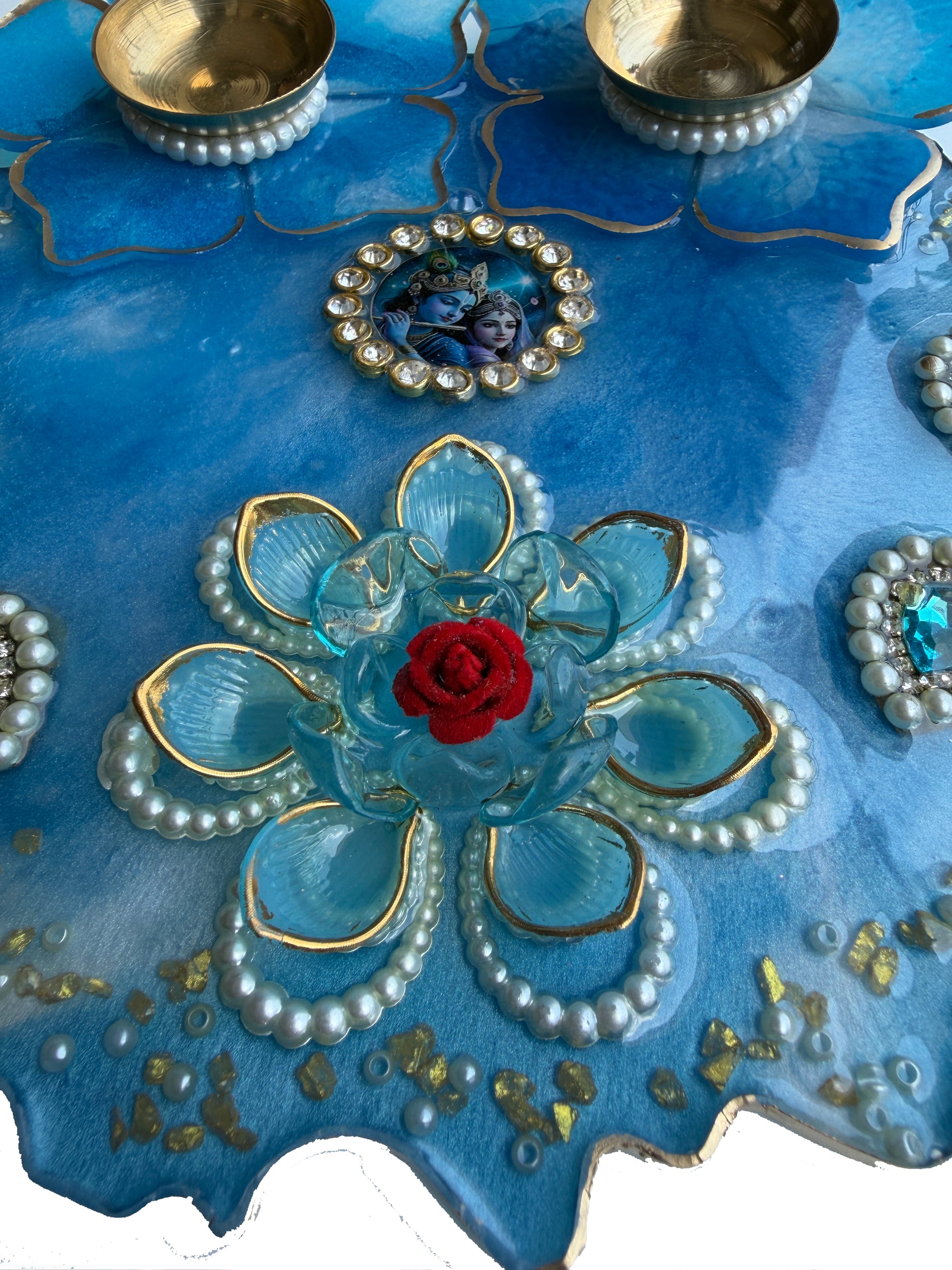 Blue Radha Krishna 3D Floral Resin Pooja Thali (8 Inch)