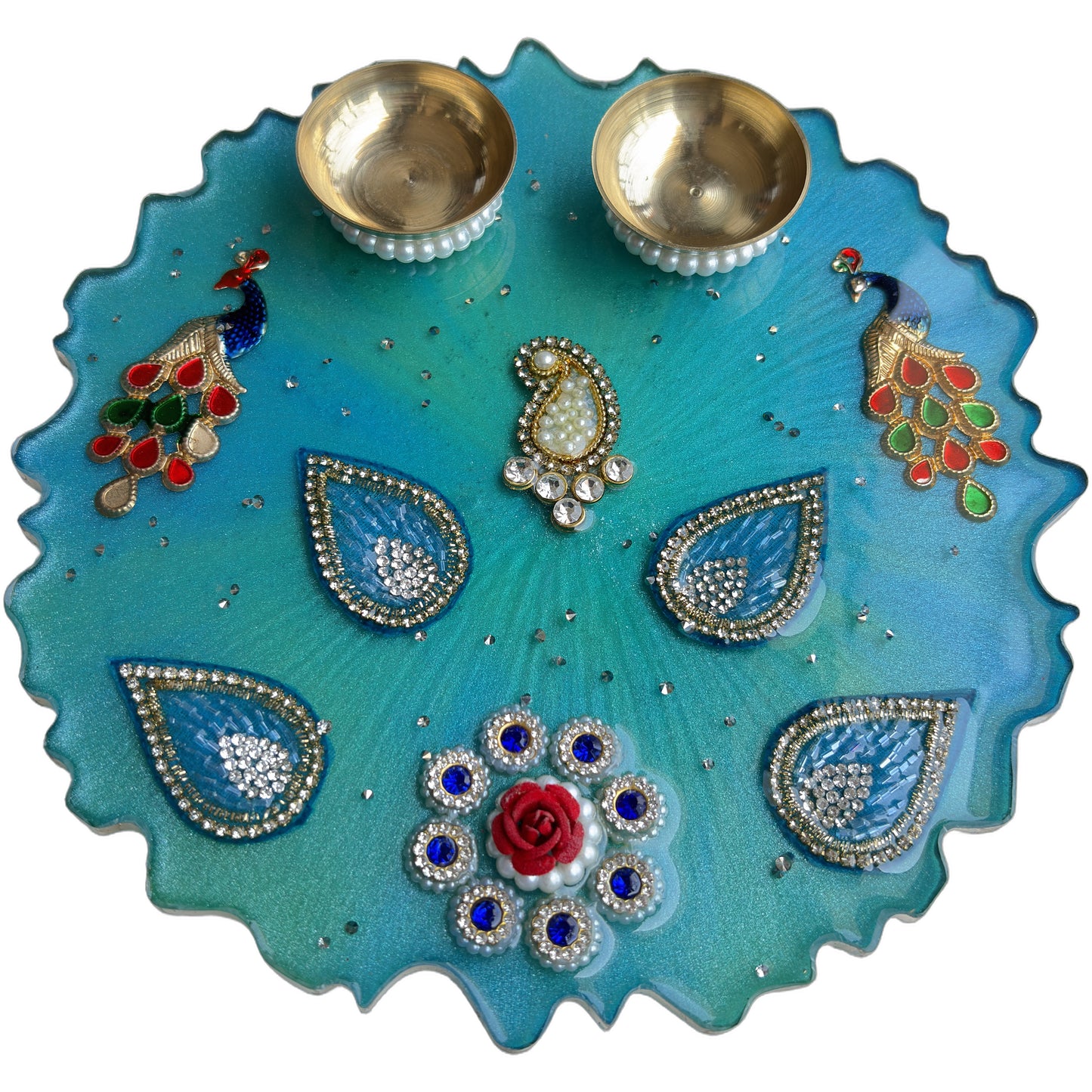 Turquoise Peacock Paisley Resin Pooja Thali (8 Inch)