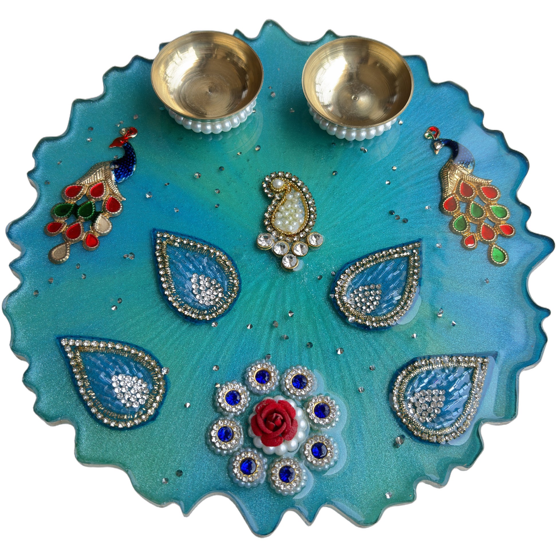 Turquoise Peacock Paisley Resin Pooja Thali (8 Inch)