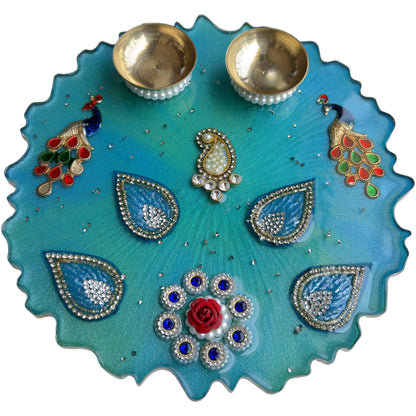 Turquoise Peacock Paisley Resin Pooja Thali (8 Inch)