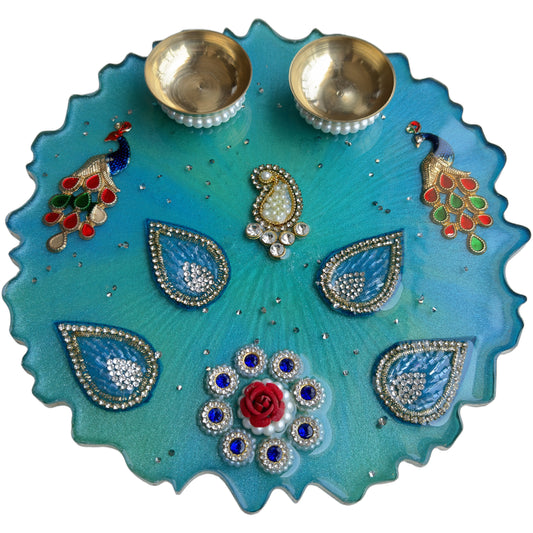 Turquoise Peacock Paisley Resin Pooja Thali (8 Inch)