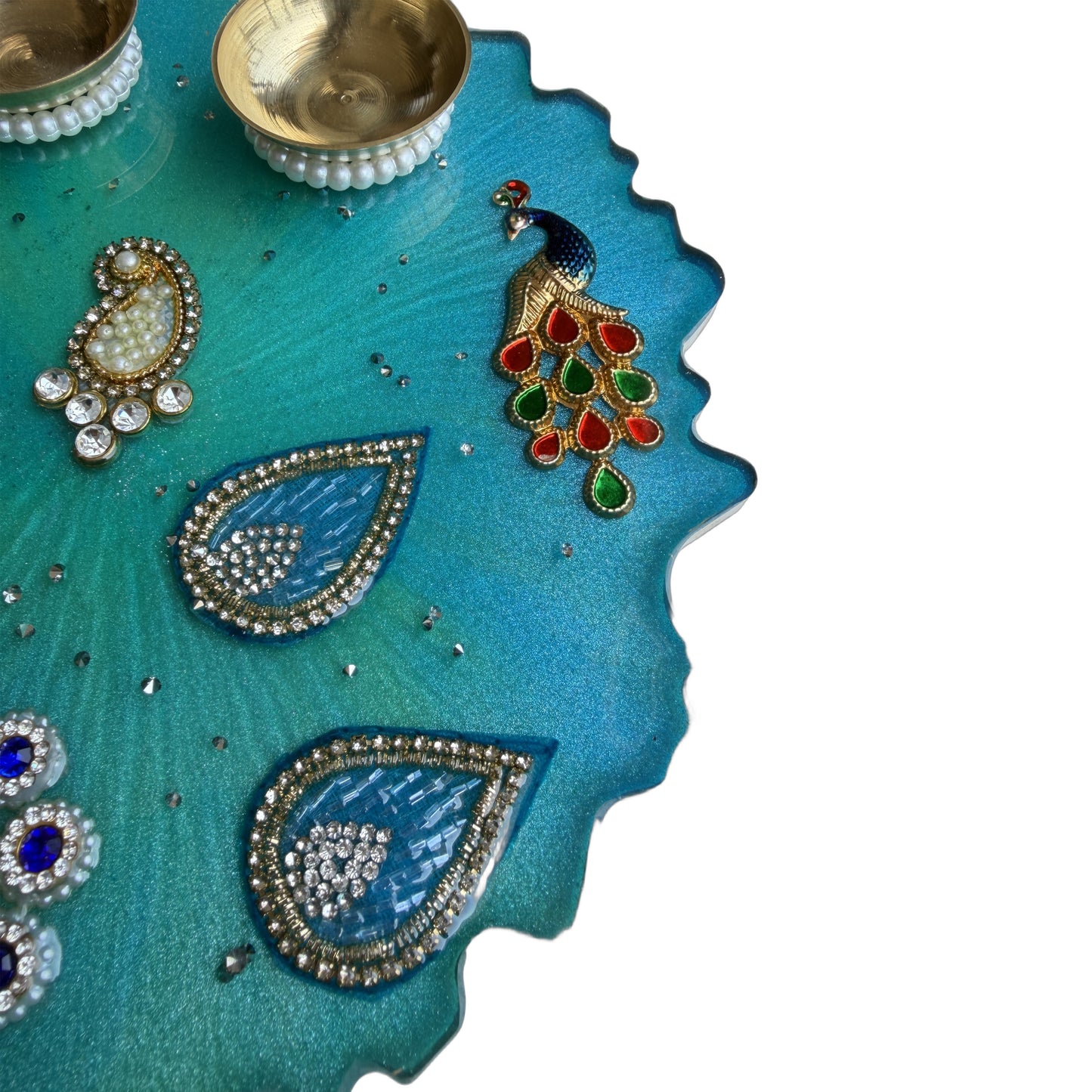 Turquoise Peacock Paisley Resin Pooja Thali (8 Inch)