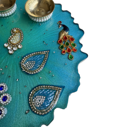 Turquoise Peacock Paisley Resin Pooja Thali (8 Inch)
