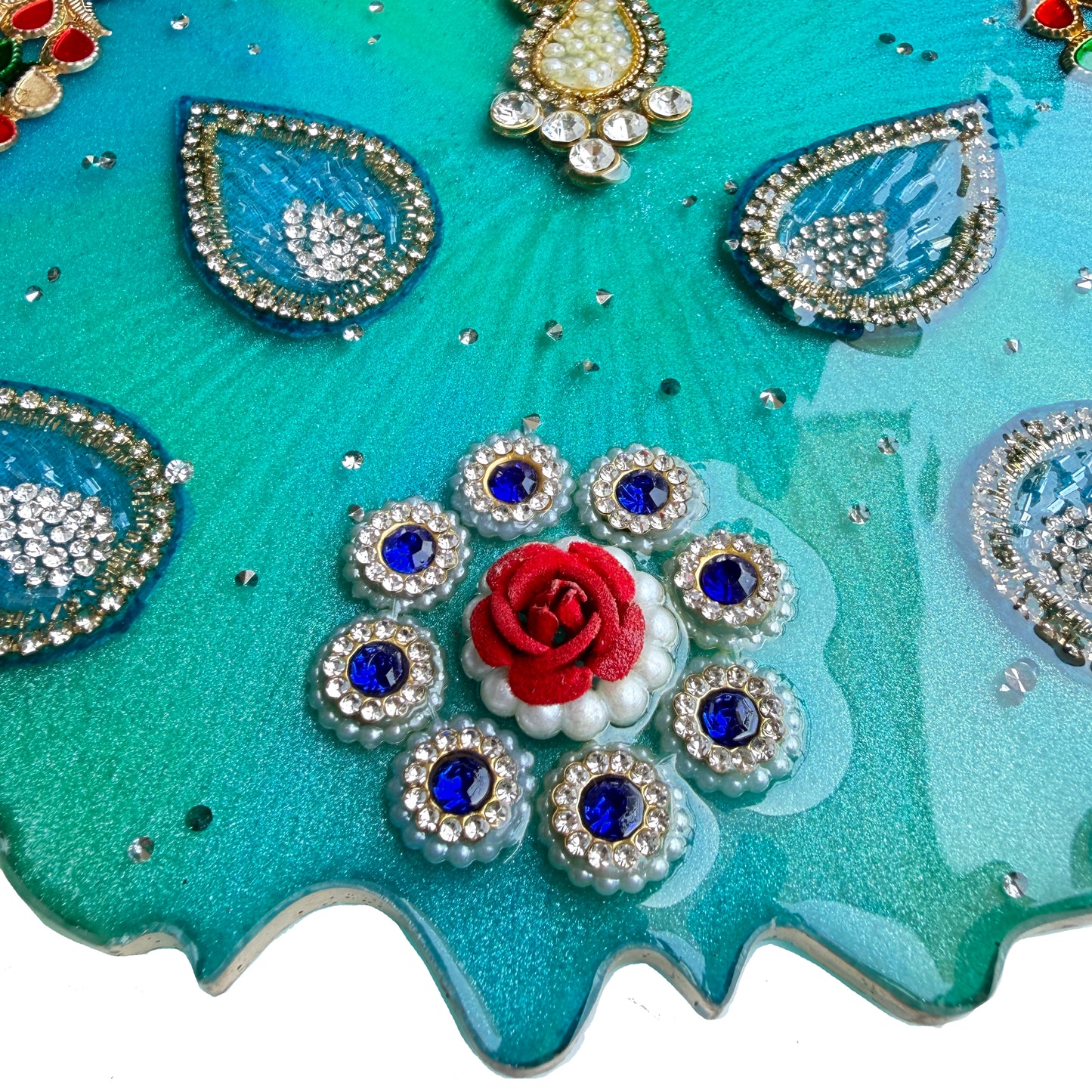 Turquoise Peacock Paisley Resin Pooja Thali (8 Inch)