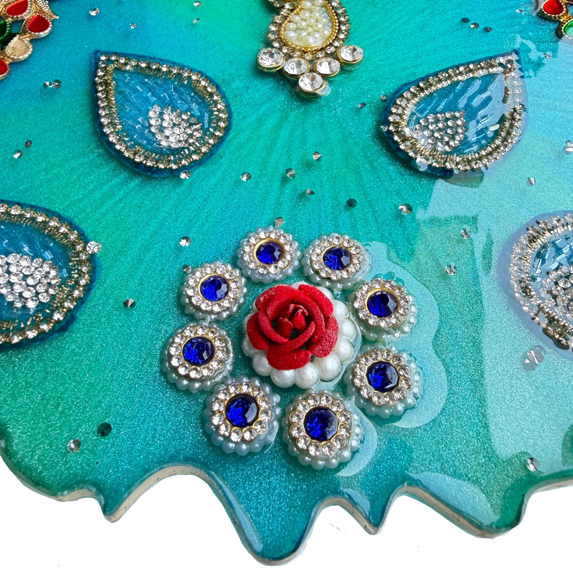 Turquoise Peacock Paisley Resin Pooja Thali (8 Inch)