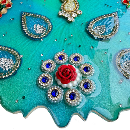 Turquoise Peacock Paisley Resin Pooja Thali (8 Inch)