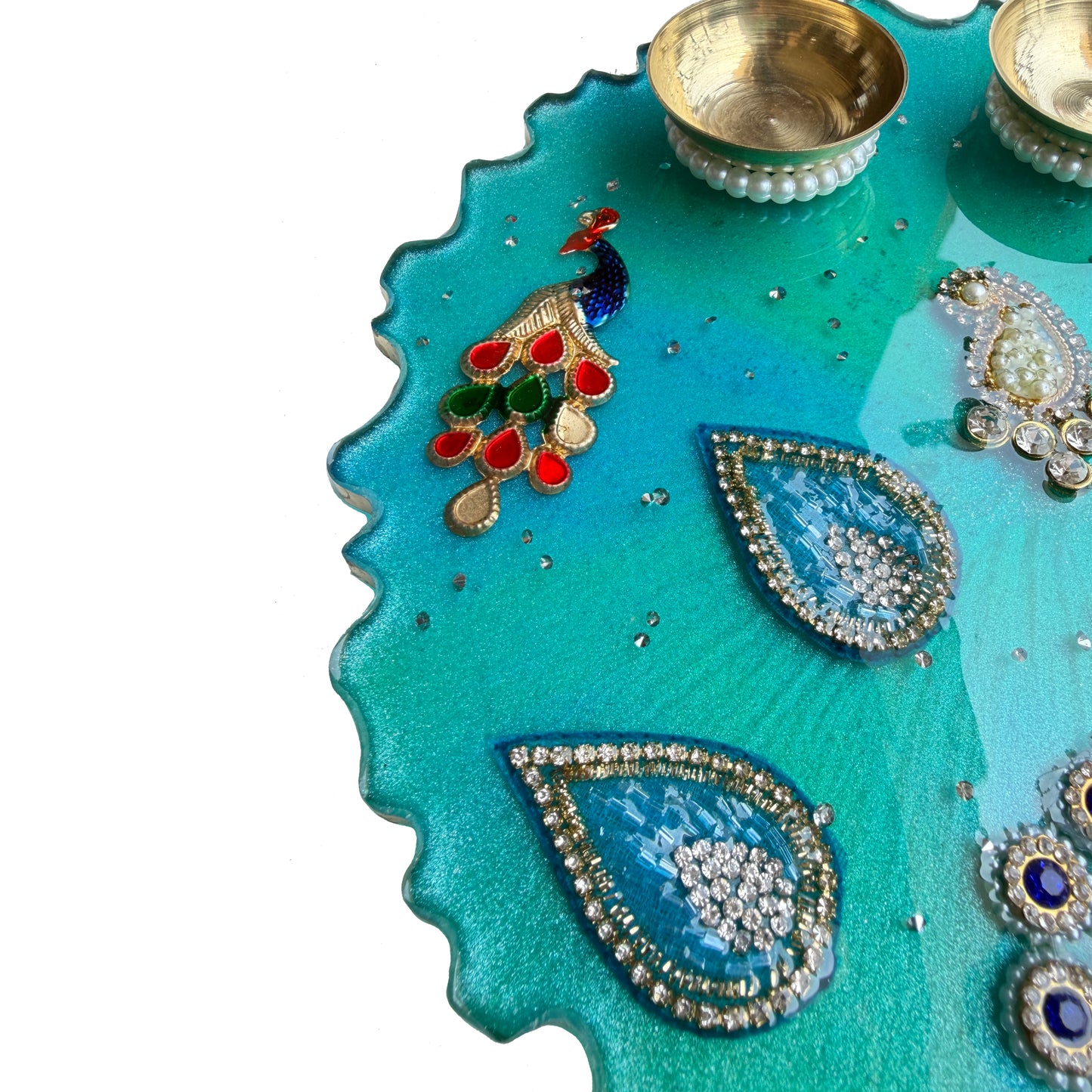 Turquoise Peacock Paisley Resin Pooja Thali (8 Inch)