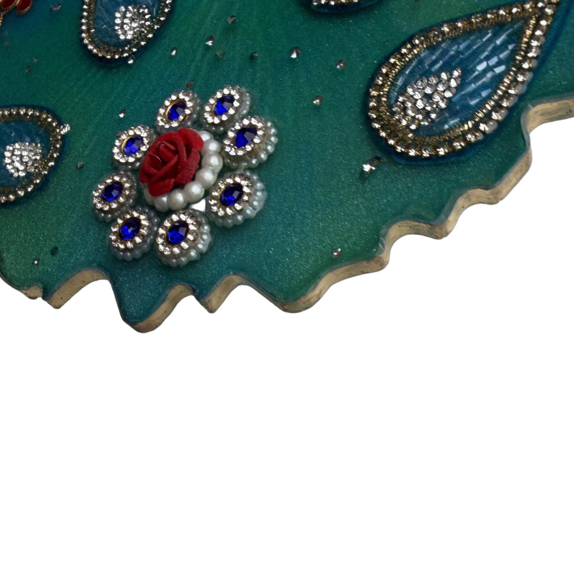 Turquoise Peacock Paisley Resin Pooja Thali (8 Inch)