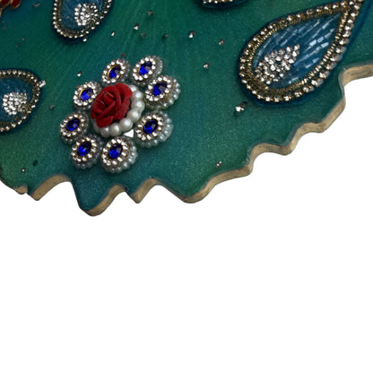 Turquoise Peacock Paisley Resin Pooja Thali (8 Inch)