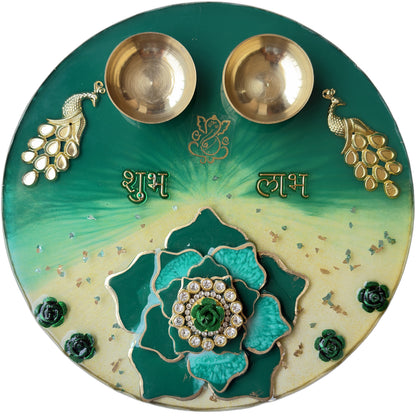 Green Peacock Shubh Labh 3D Lotus Resin Pooja Thali (8 Inch)