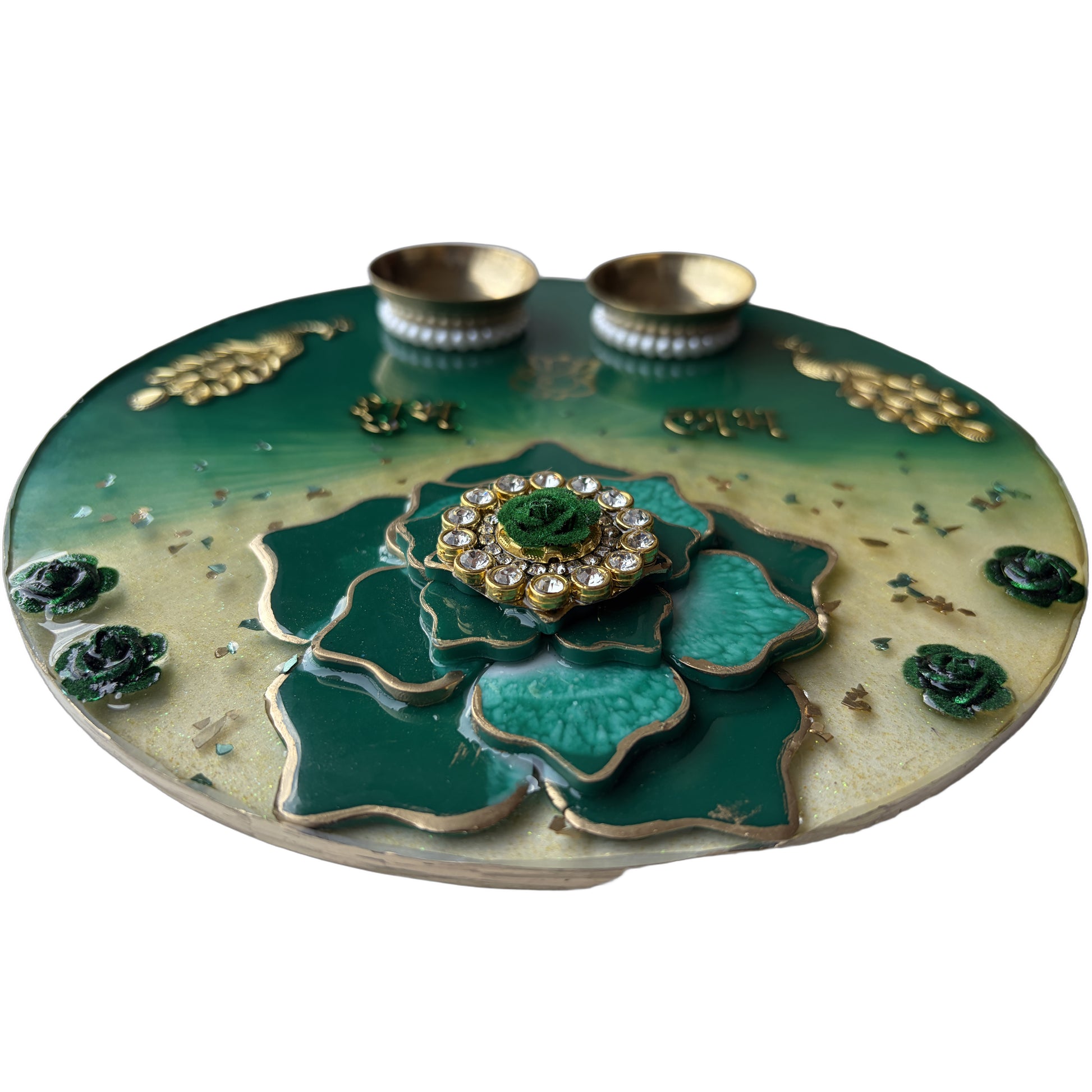 Green Peacock Shubh Labh 3D Lotus Resin Pooja Thali (8 Inch)