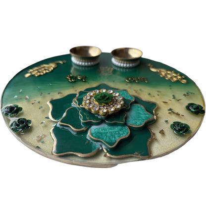 Green Peacock Shubh Labh 3D Lotus Resin Pooja Thali (8 Inch)