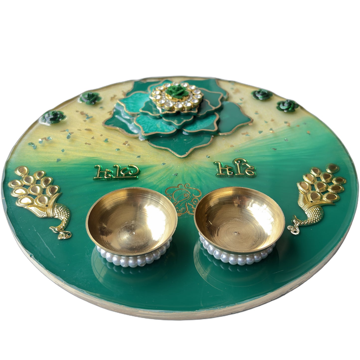 Green Peacock Shubh Labh 3D Lotus Resin Pooja Thali (8 Inch)