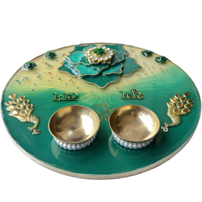 Green Peacock Shubh Labh 3D Lotus Resin Pooja Thali (8 Inch)