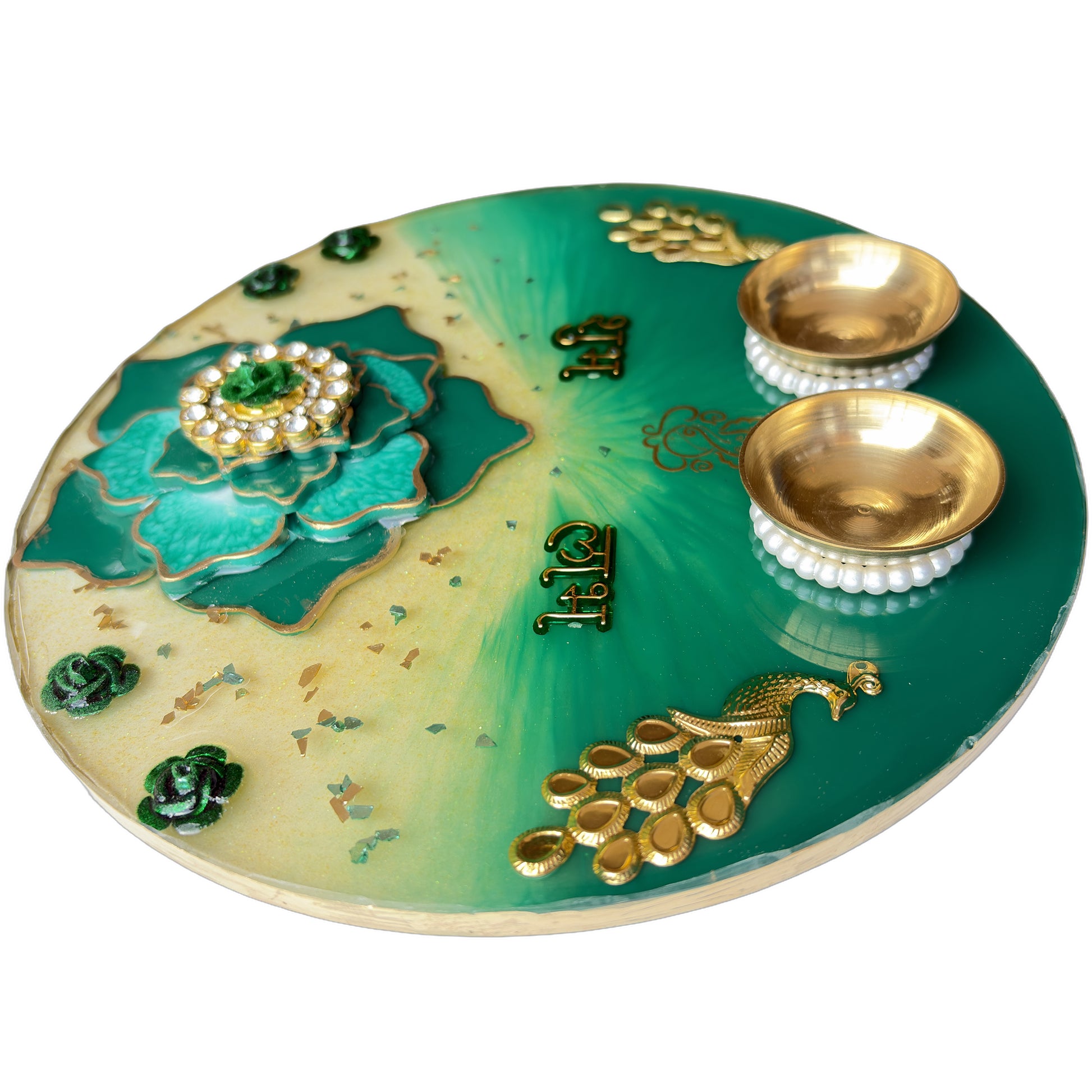 Green Peacock Shubh Labh 3D Lotus Resin Pooja Thali (8 Inch)