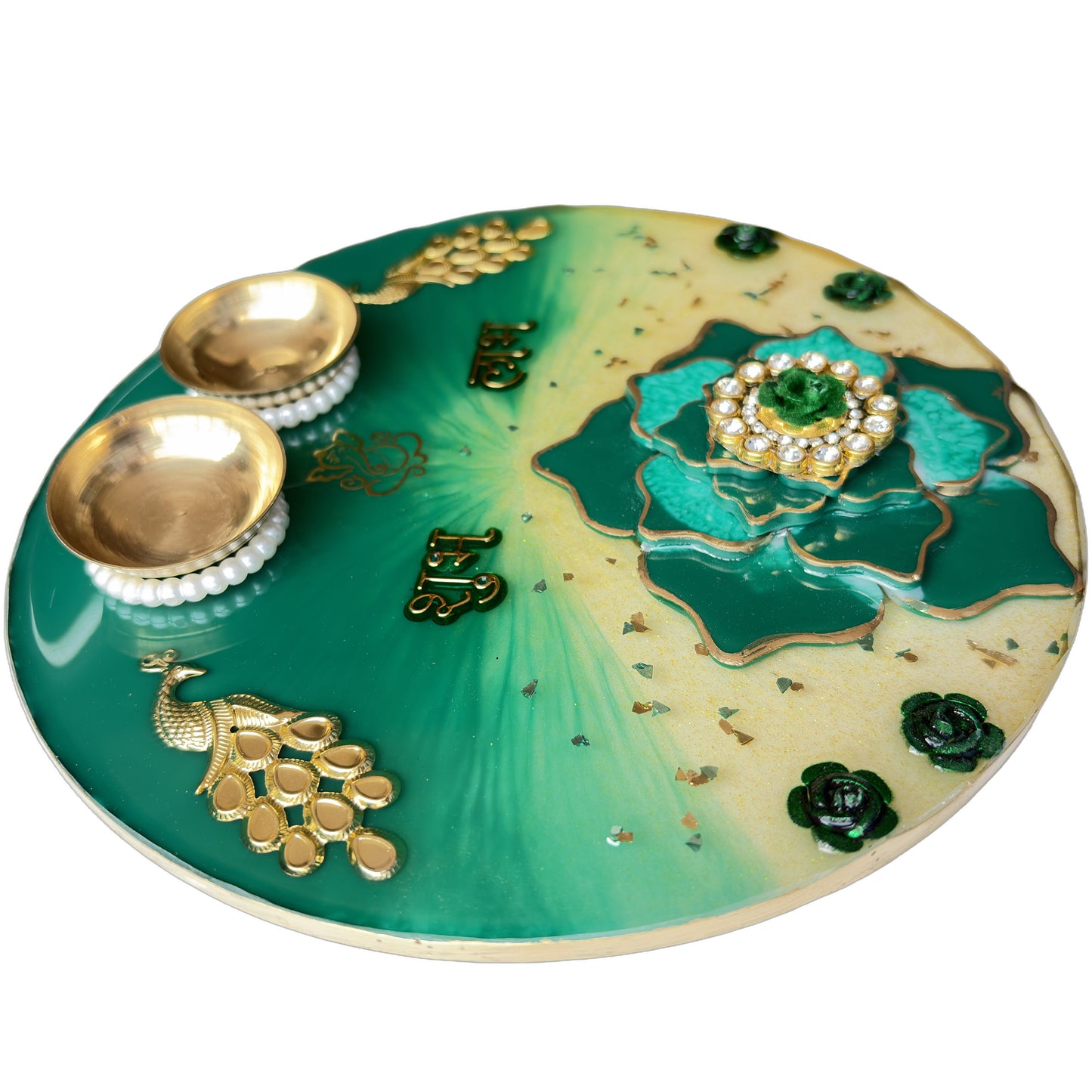 Green Peacock Shubh Labh 3D Lotus Resin Pooja Thali (8 Inch)