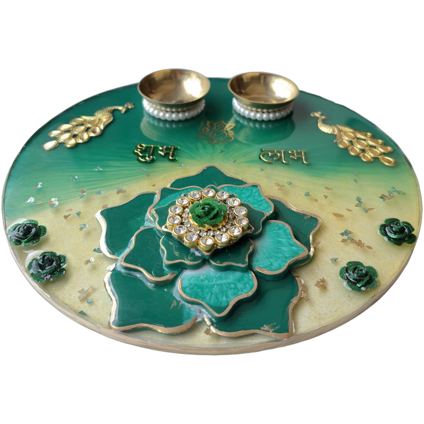 Green Peacock Shubh Labh 3D Lotus Resin Pooja Thali (8 Inch)
