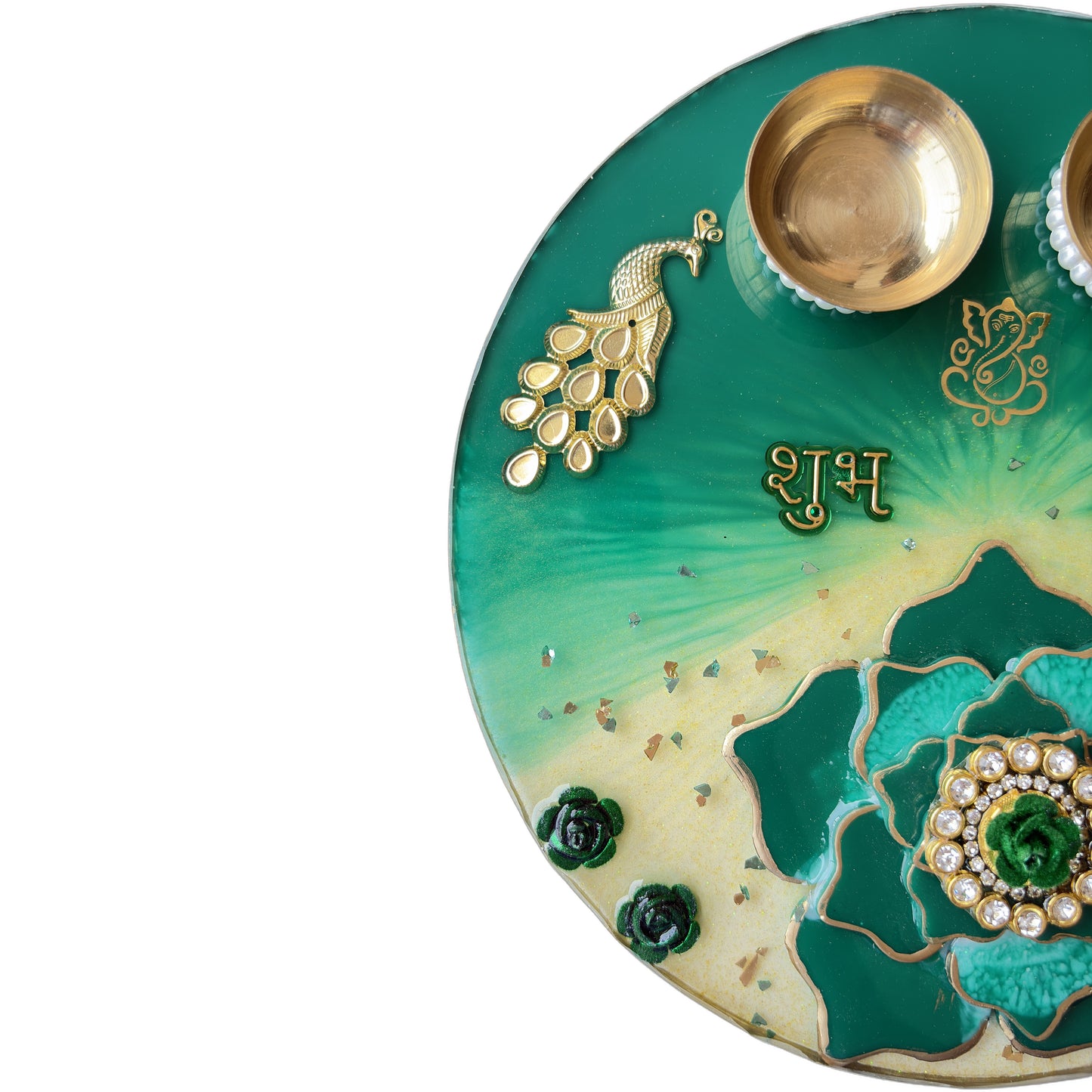 Green Peacock Shubh Labh 3D Lotus Resin Pooja Thali (8 Inch)