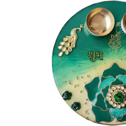Green Peacock Shubh Labh 3D Lotus Resin Pooja Thali (8 Inch)