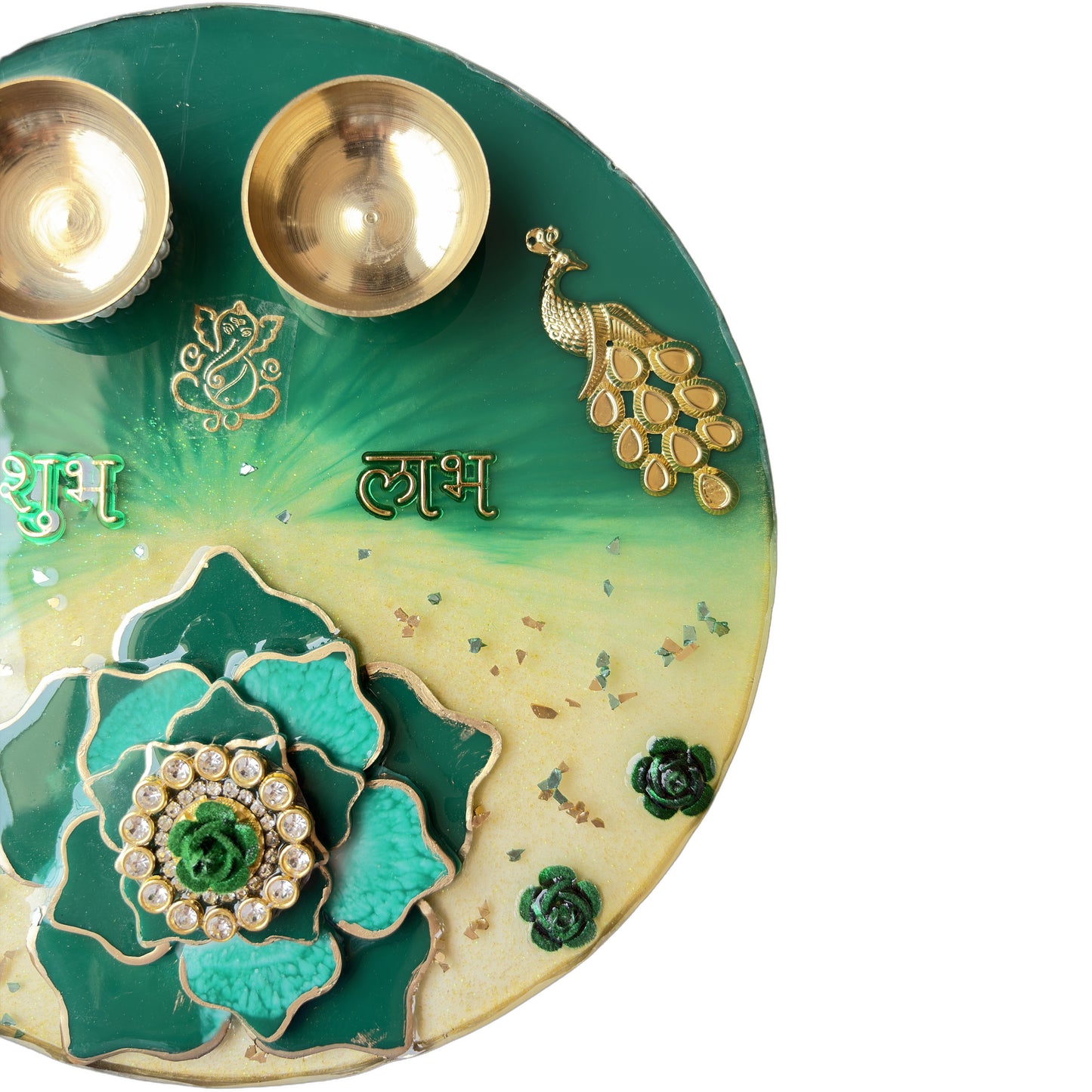 Green Peacock Shubh Labh 3D Lotus Resin Pooja Thali (8 Inch)