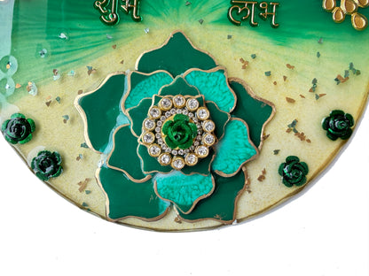 Green Peacock Shubh Labh 3D Lotus Resin Pooja Thali (8 Inch)